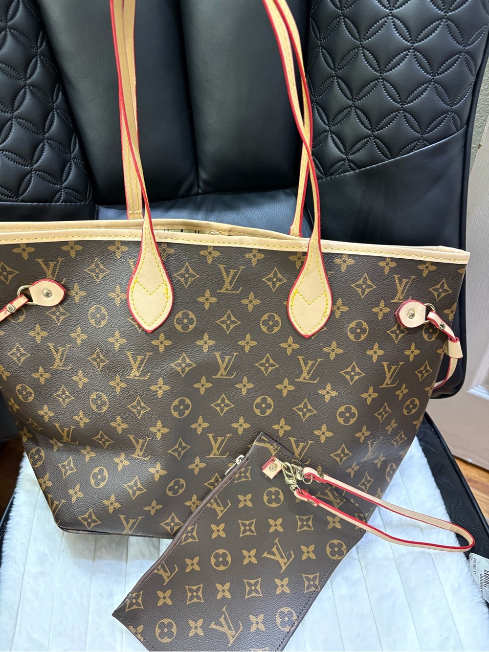 Source Unknown Brown Monogram Tote with Cream Leather and Red Trim